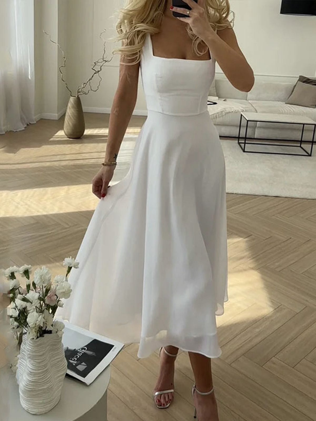 Women's Wedding Guest Midi Dress | A-Line Square Neck 0