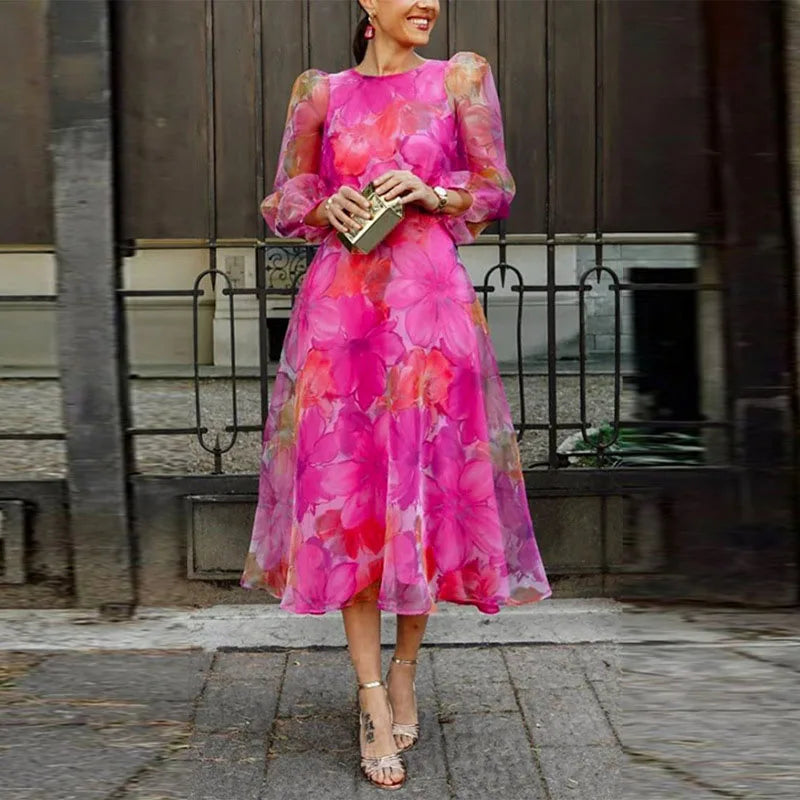 Women's Wedding Guest Midi Dress | Long Sleeve Floral 0