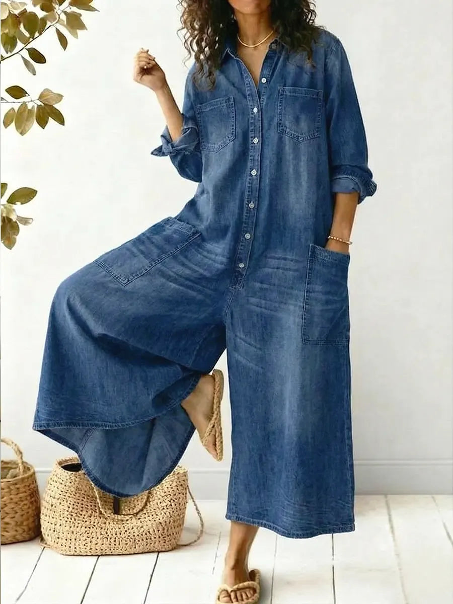 Women's Wide-Leg Jumpsuit | Long Sleeve Button-Front 0