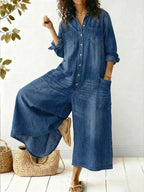 Women's Wide-Leg Jumpsuit | Long Sleeve Button-Front 0