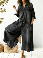 Women's Wide-Leg Jumpsuit | Long Sleeve Button-Front 1