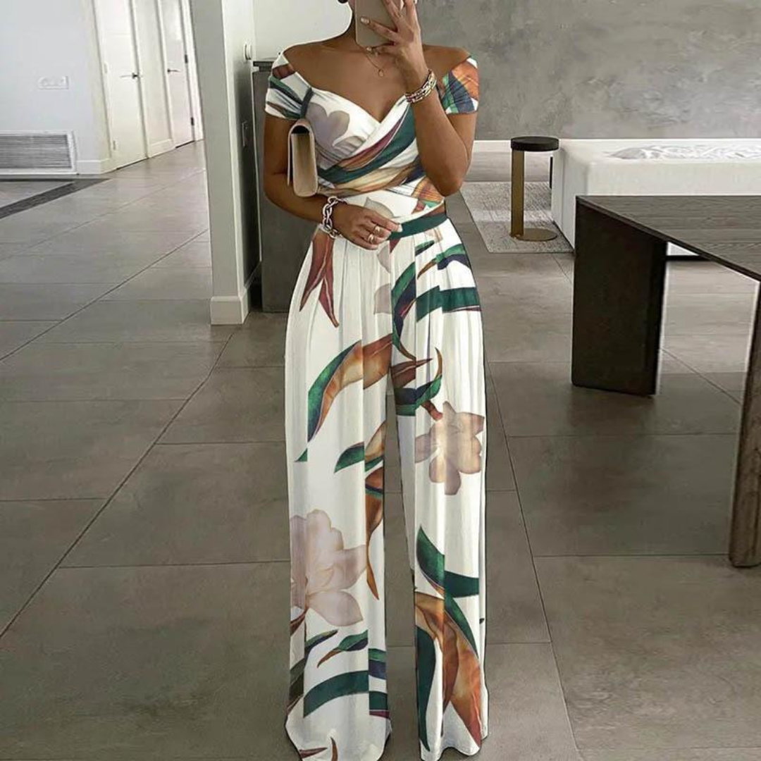 Women's Wide-Leg Jumpsuit | Off-Shoulder Wrap Floral 1