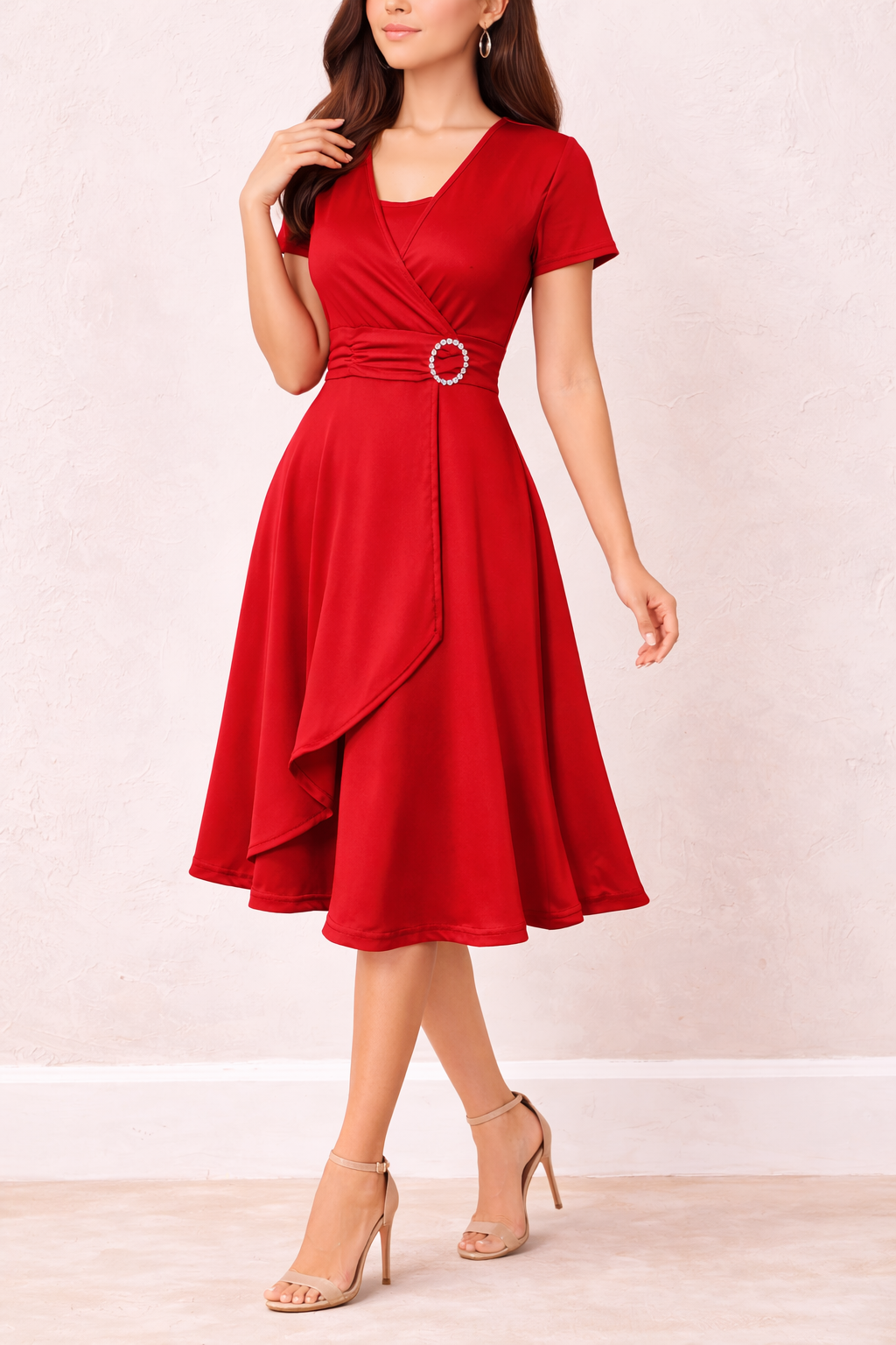 Women's Wrap Style Midi Dress with Asymmetrical Hem & Tie Waist 3