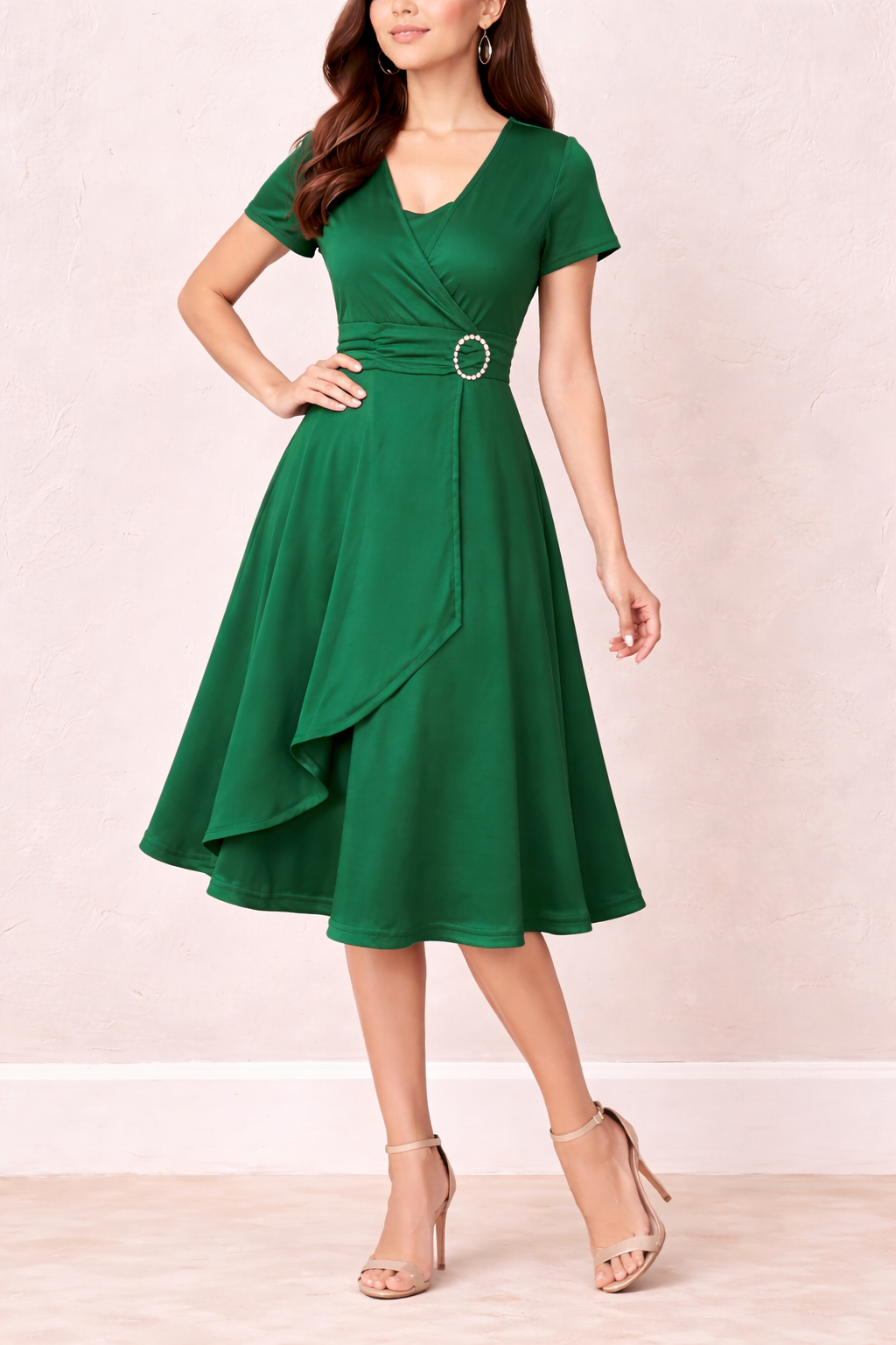Women's Wrap Style Midi Dress with Asymmetrical Hem & Tie Waist 4