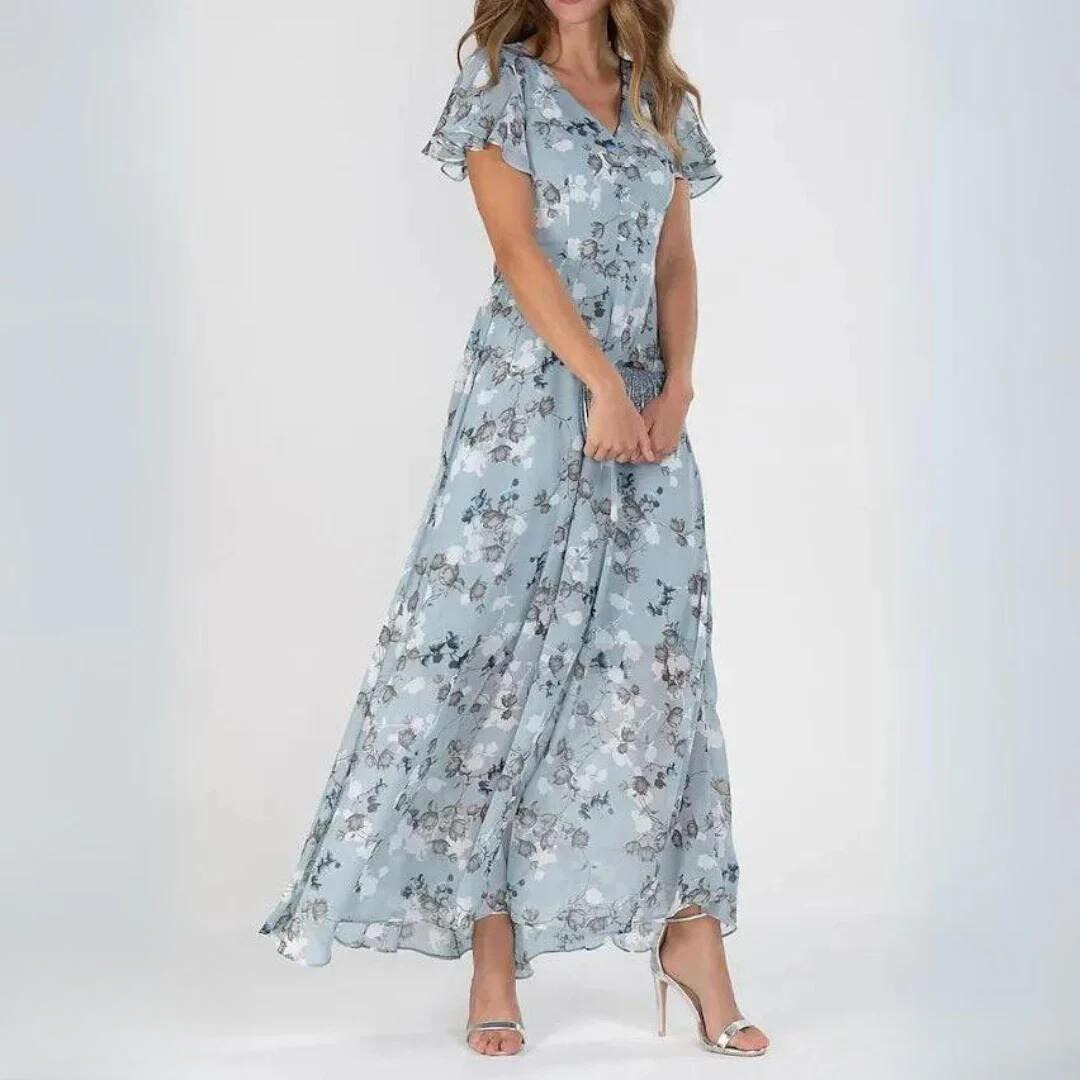 Women's Cocktail Maxi Dress | Floral V-Neck & Flutter Sleeve