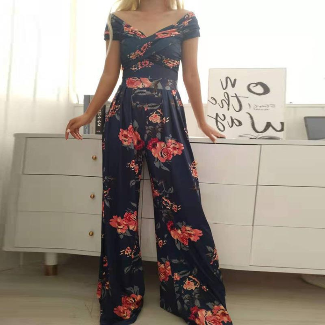 Women's Floral Jumpsuit | Off-Shoulder Wrap & Wide Leg