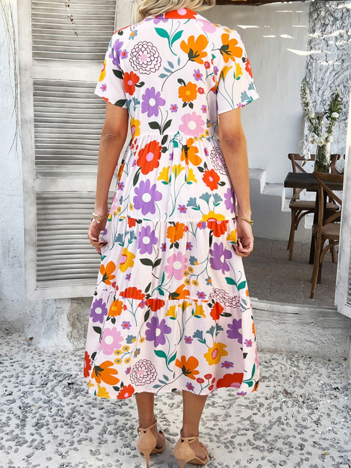 Women's Floral Midi Dress | Tiered & Button-Front