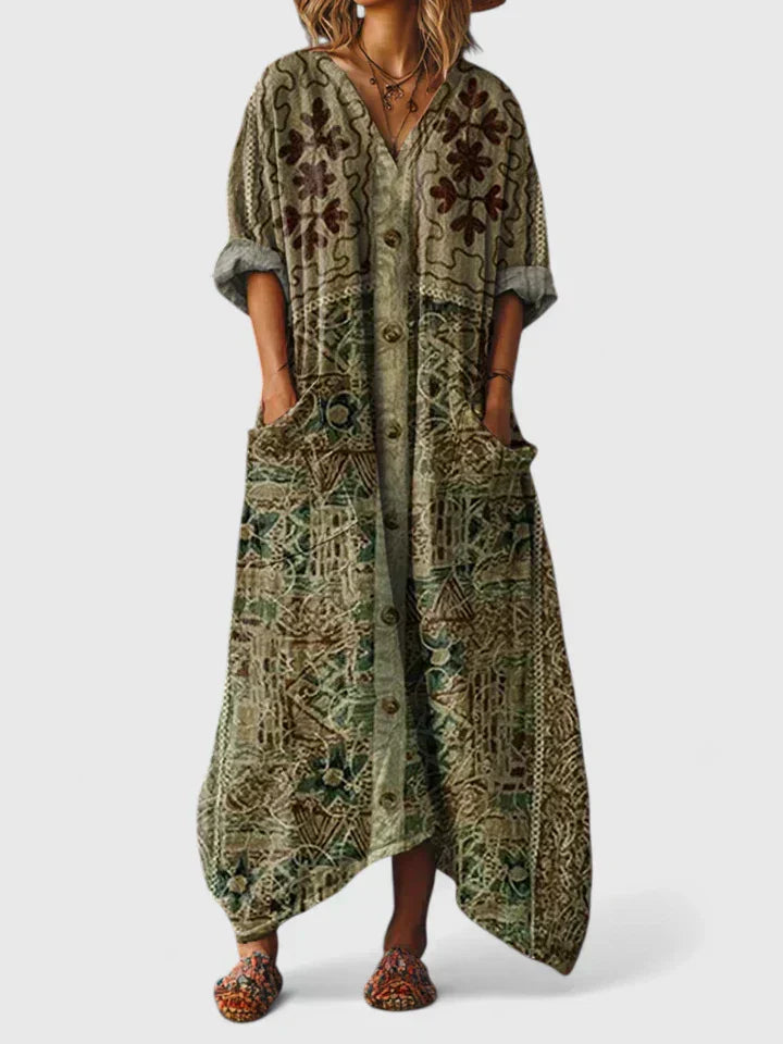 Women's Maxi Dress | Boho Paisley Print & Oversized Patch Pocket Style