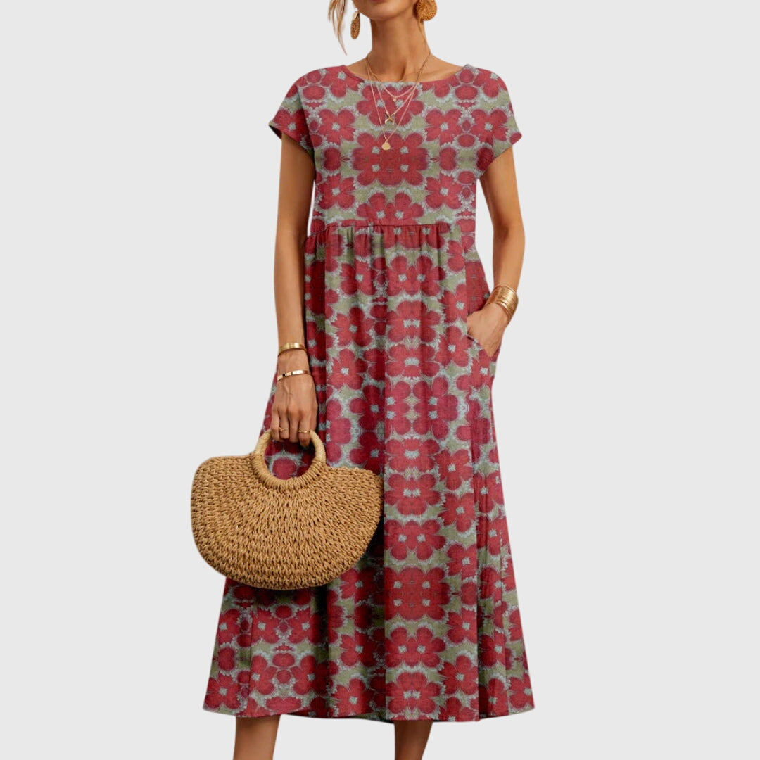 Women's Midi Dress | Bold Floral Print & Gathered Waist Swing Style