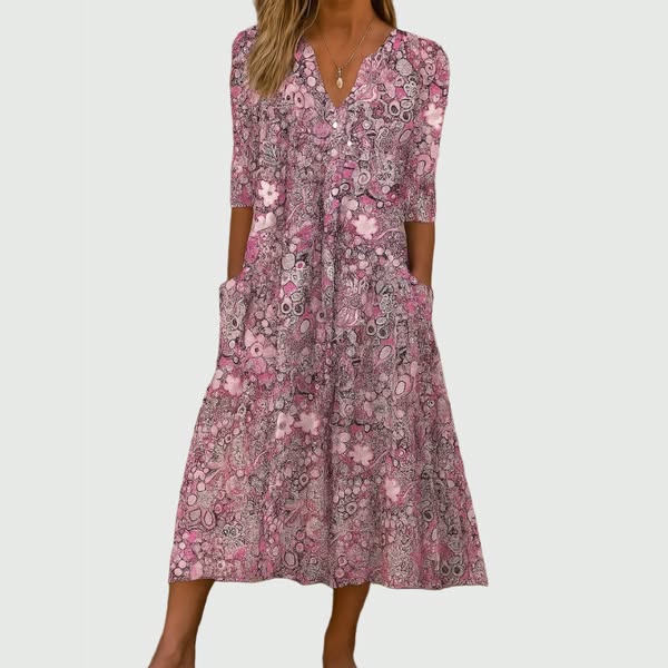 Women's Midi Dress | Floral Print Button Front & Pleated Swing Skirt