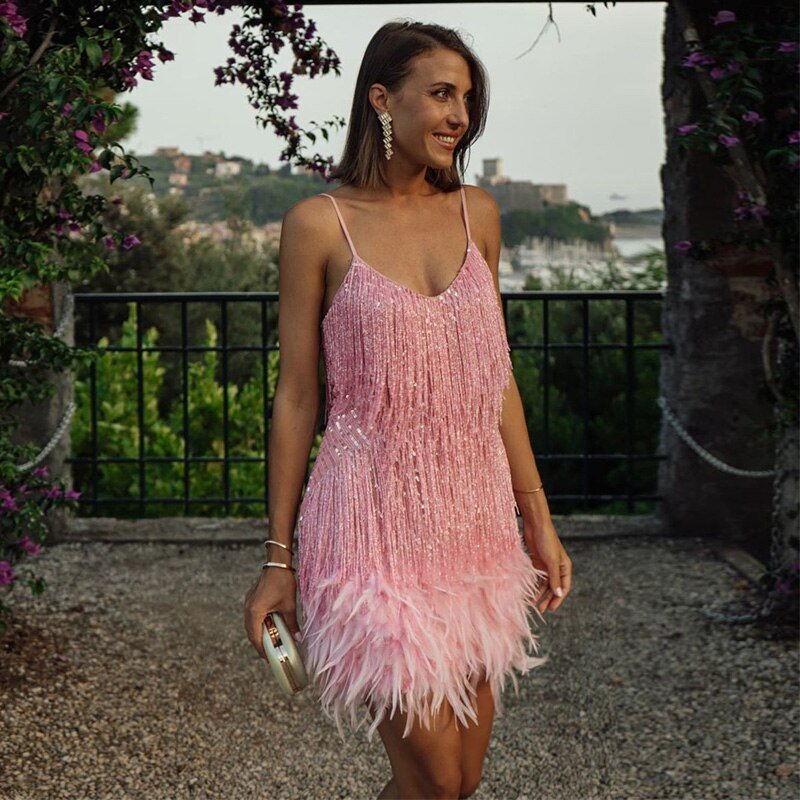 Women's Mini Dress | Sequin Design & Feather Trim