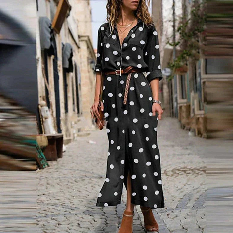 Women's Polka Dot Maxi Dress | Belted & Button-Down Style