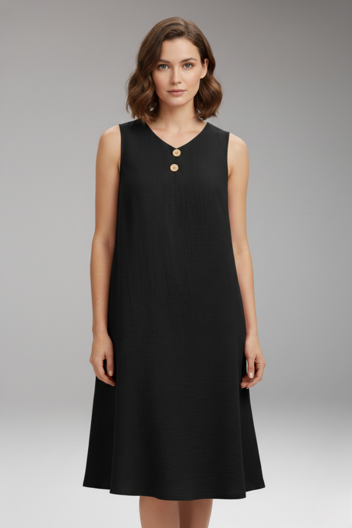 Women's Short Dress | V-Neckline & Button Detail