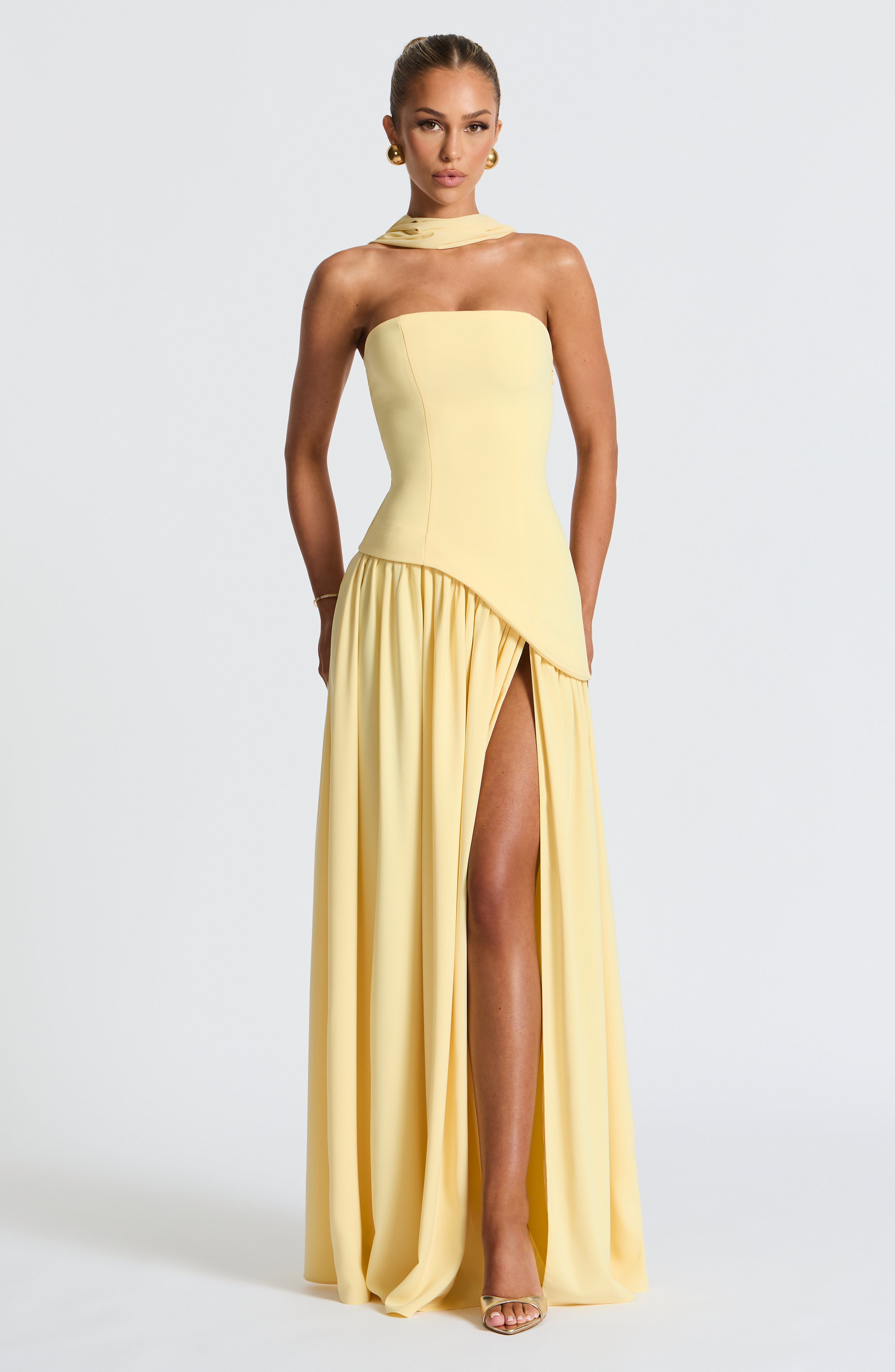 Women's Strapless Maxi Dress | Pleated Skirt & Thigh-High Slit