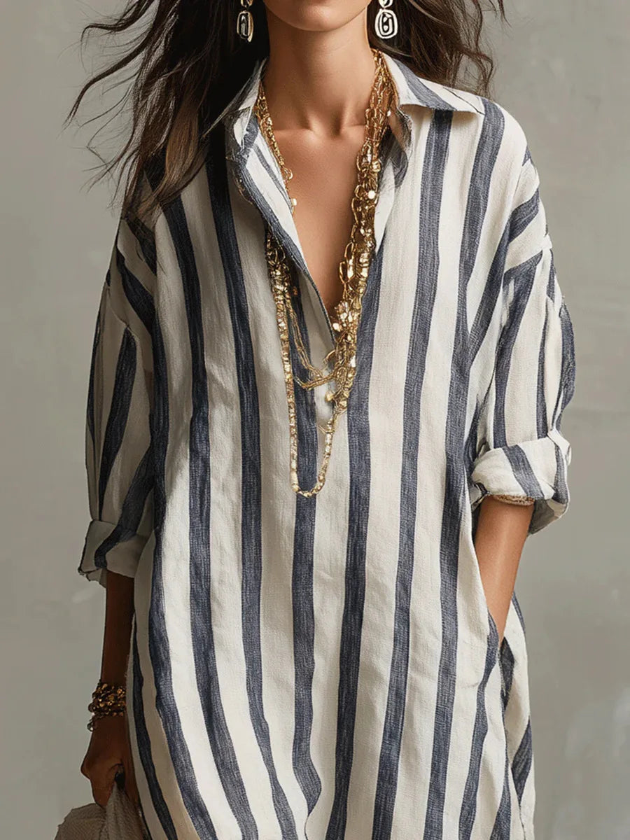 Women's Striped Maxi Dress | V-Neck & Side Split