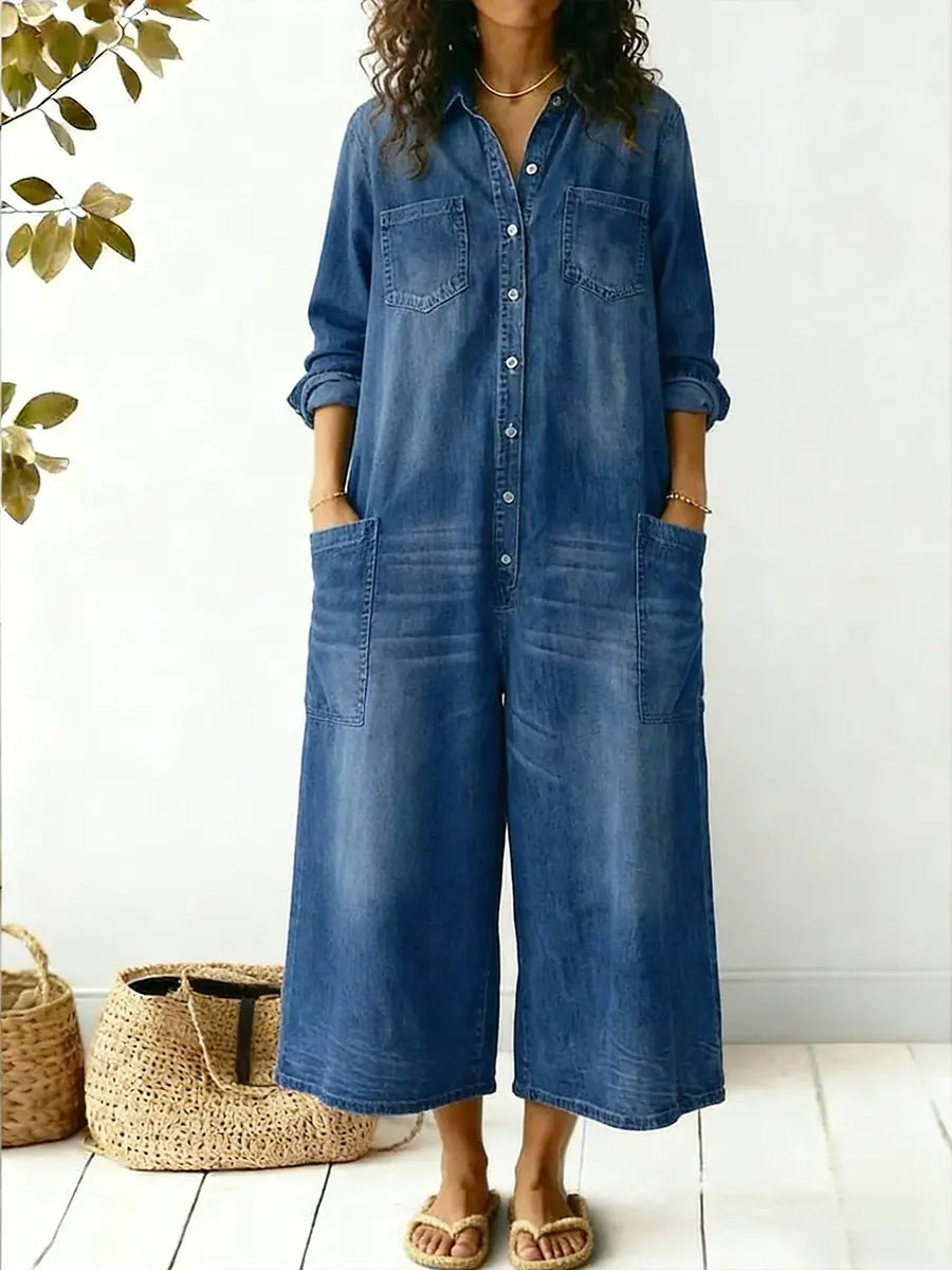 Women's Summer Jumpsuit | Denim Wide Leg & Button-Front