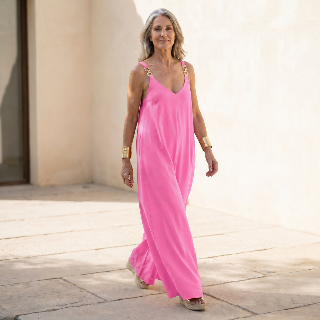 Women's Summer Jumpsuit | Flowing Wide Leg & Gold Hardware Straps