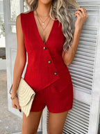 Women's Two Piece Set | Asymmetric Button Vest & Tailored Shorts