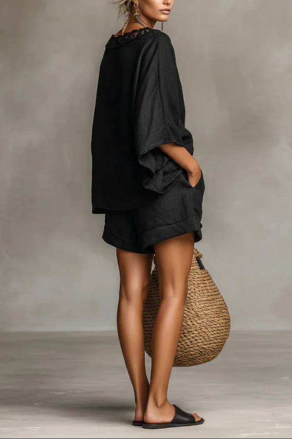 Women's Two Piece Set | Batwing Top & Drawstring Shorts Co-ord