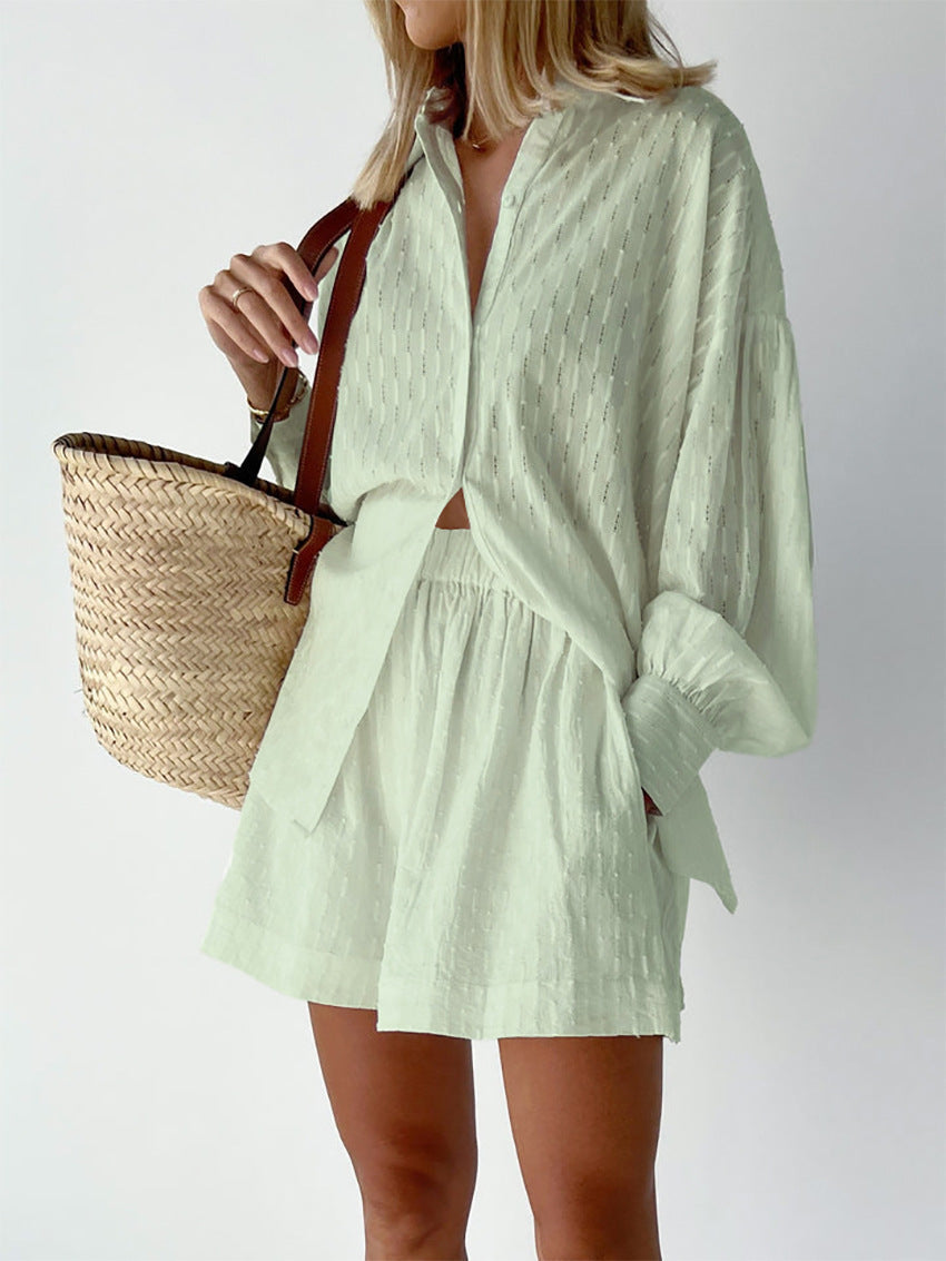 Women's Two Piece Set | Oversized Shirt & Ruffle Shorts Co-ord