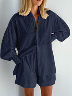Women's Two Piece Set | Oversized Shirt & Ruffle Shorts Co-ord