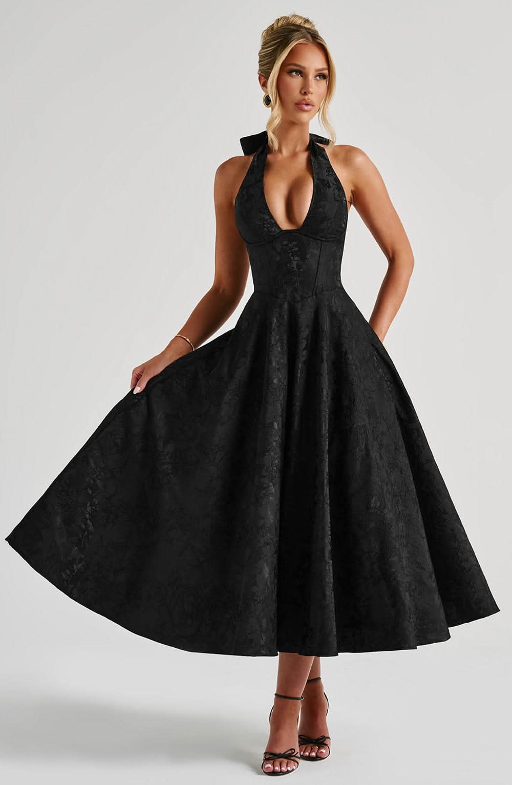 Women's Wedding Guest Dress| Halter Neck & Floral A-Line Midi