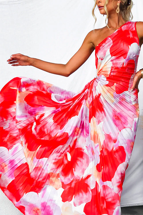 Women's Wedding Guest Maxi Dress | Pleated Floral & One-Shoulder