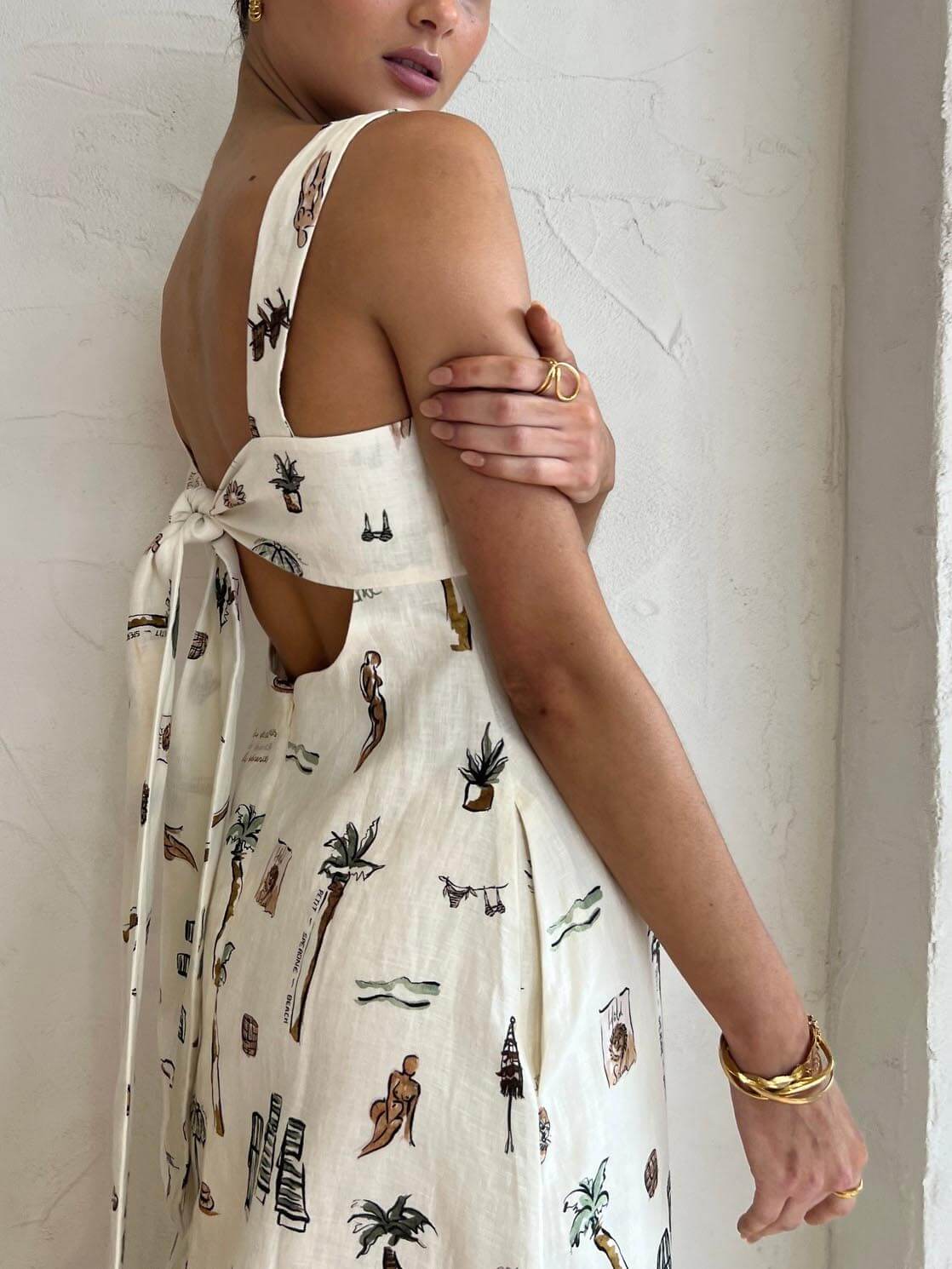 Women's White Maxi Dress | Square Neck & Tropical Illustration Print