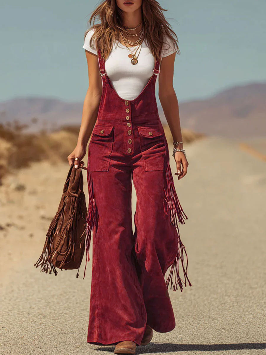 Women's Wide Leg Jumpsuit | Boho Fringe & Flare Dungaree Style