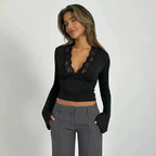 Wrap Top Women | Lace V-Neck & Flare Cuff Long Sleeve Style
