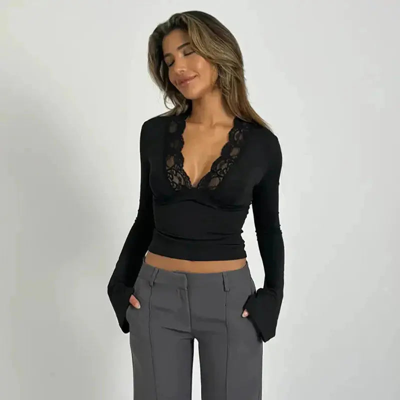 Wrap Top Women | Lace V-Neck & Flare Cuff Long Sleeve Style