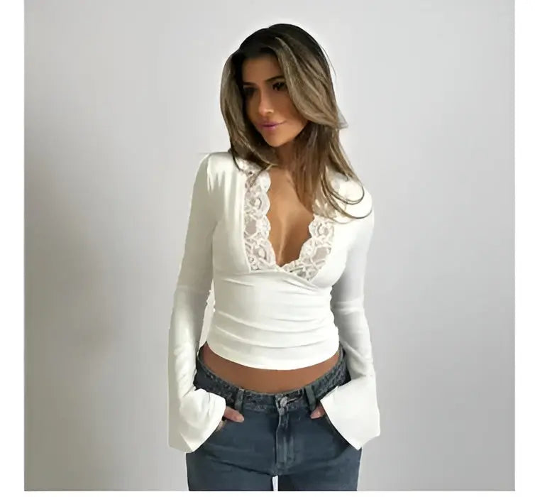 Wrap Top Women | Lace V-Neck & Flare Cuff Long Sleeve Style