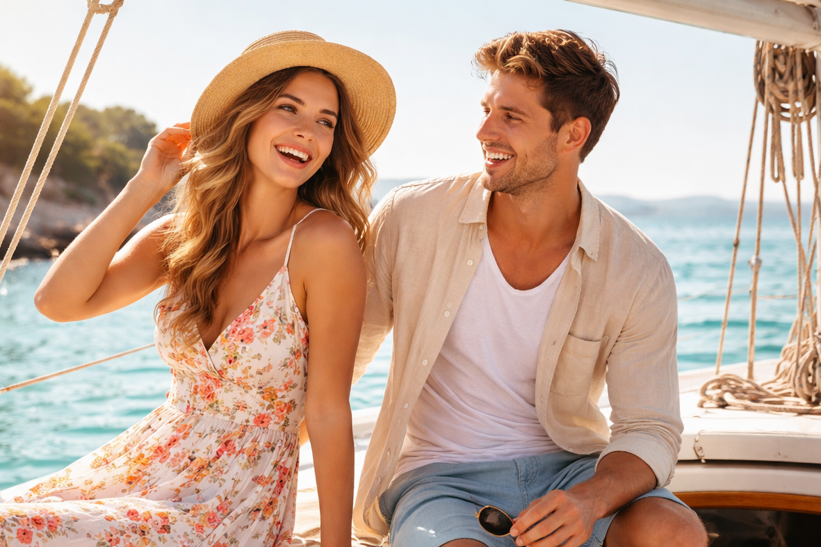 Couple sitting on a sailboat with a scenic background